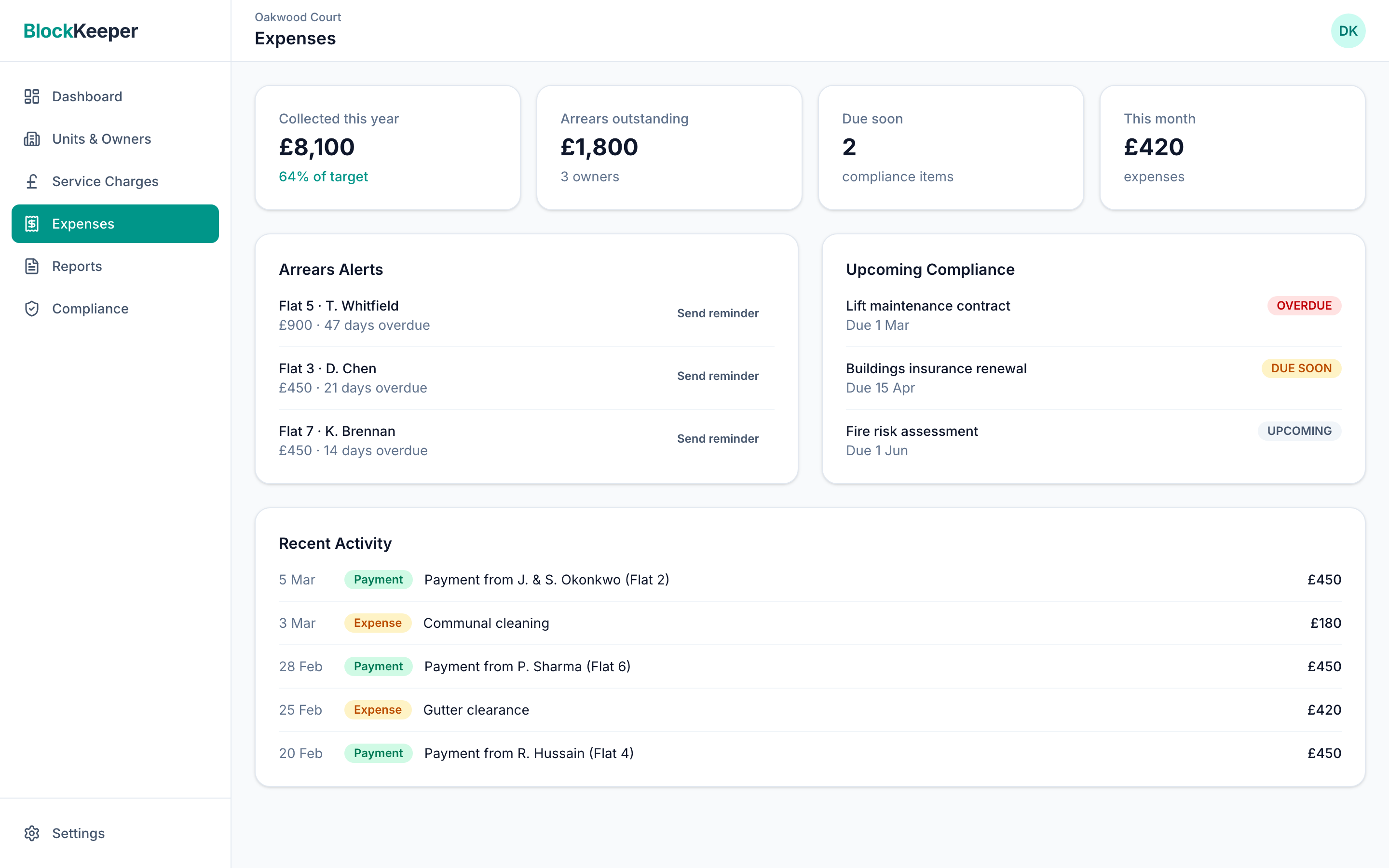 Expense list view with category filters, supplier names, and amounts